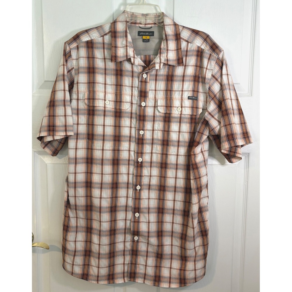 Eddie Bauer Men's TL Plaid Short Sleeve Button Up‎ Shirt Brown Orange Gray